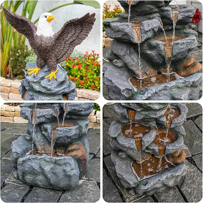 YZM Bald Eagle Statue Outdoor Fountain Tiered Cascading Rock Water Feature for Garden Patio Backyard Porch Deck 38.58" Tall Outdoor Waterfall Sculpture Elegant Garden Decor