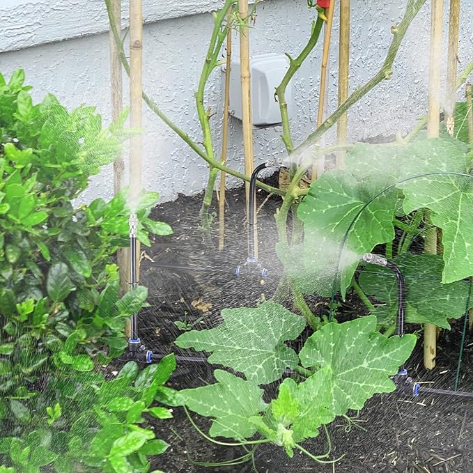 Mornajina 5Packs Brass Misting Nozzles Tee with 12inch Built in Hose for Outdoor Cooling System, Adjustable 360° Rotation, Water Mister Nozzles Thread Sprayer 0.043" (1.1 mm)