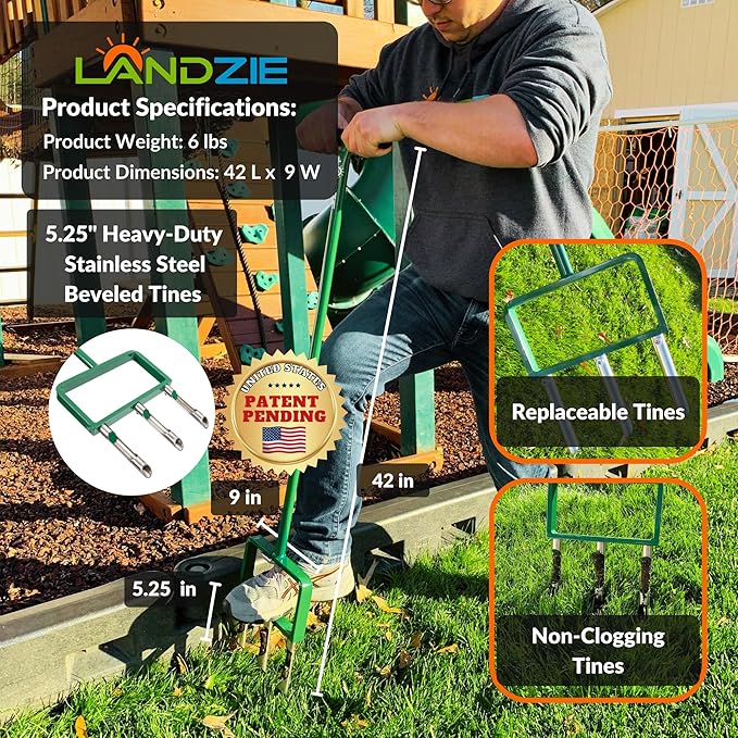 Landzie - The Original Hollow Tine Lawn Aerator Tool - 42 Inch Core Aerator and Grass Aeration Tool Lawn Tools - Stainless Steel Manual Lawn Aerator Plug Aerator and Aerator Lawn Tool