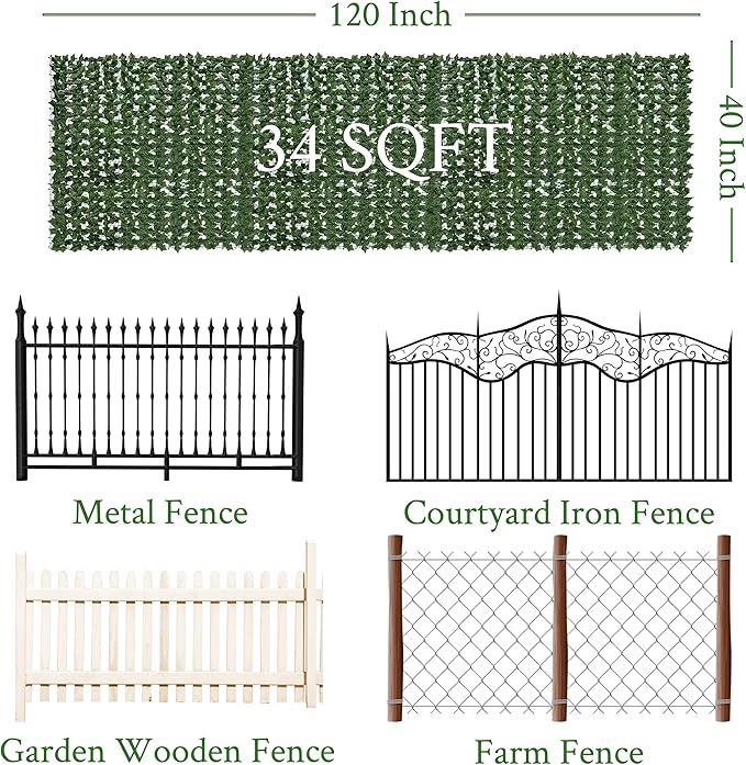 Artificial Ivy Privacy Fence Screen:120 "x 40" (34 Sqft) Anti-Ultraviolet Artificial Hedge Grass Wall, Used for Indoor and Outdoor Green Background, Garden Greening Decoration