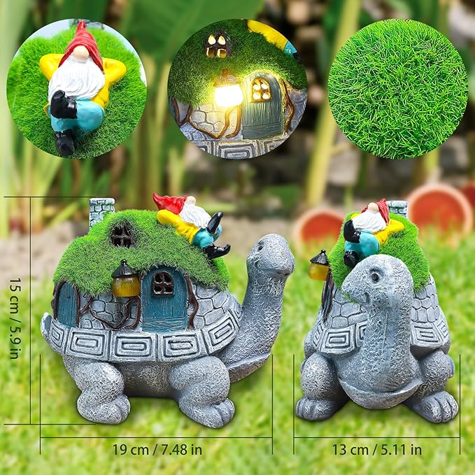 Turtle Solar Light Outdoor Garden Solar Turtle House Light Cute Turtle Garden Statue for Outdoor, Lawn Turtle with Gnome Statues Solar Light, Unique Gifts for Kindred Friend Yard Patio Decor