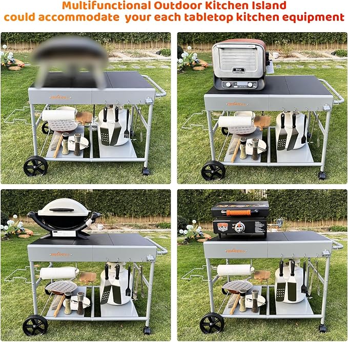 Pizza Oven Cart Table and Topping Station for Ooni Koda/Karu/Fyra 16 & 12, Movable Thicken & Widen Rolling Kitchen Cart, Outdoor Grill Stand for Ninja Woodfire,Blackstone Griddle