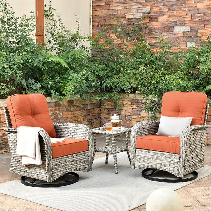 Outdoor Swivel Rocker Patio Chairs with Side Table,Wicker Swivel Rocking Chair Set of 2,3PCS High Back Wicker Patio Furniture Set Glider Chairs for Porch, Balcony, Deck,Yard,Orange Red