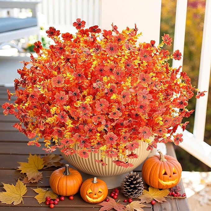 Artificial Fall Flowers Faux Mums for Outdoor Indoor Garden Home Decoration, Faux Flower Daisy with Eucalyptus Leaves Fake Plants Greenery Boxwood Porch Patio, 12 Bundles (Sunset)