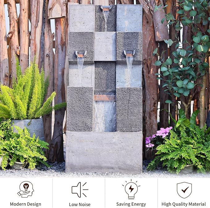 44.8" H Modern Outdoor Water Fountain with LED Lights and Pump, Mutiply-Tier Standing Cascading Waterfall - Modern Design for Garden,Patio,Yard, Multi-Level Outdoor Decor (Gray)