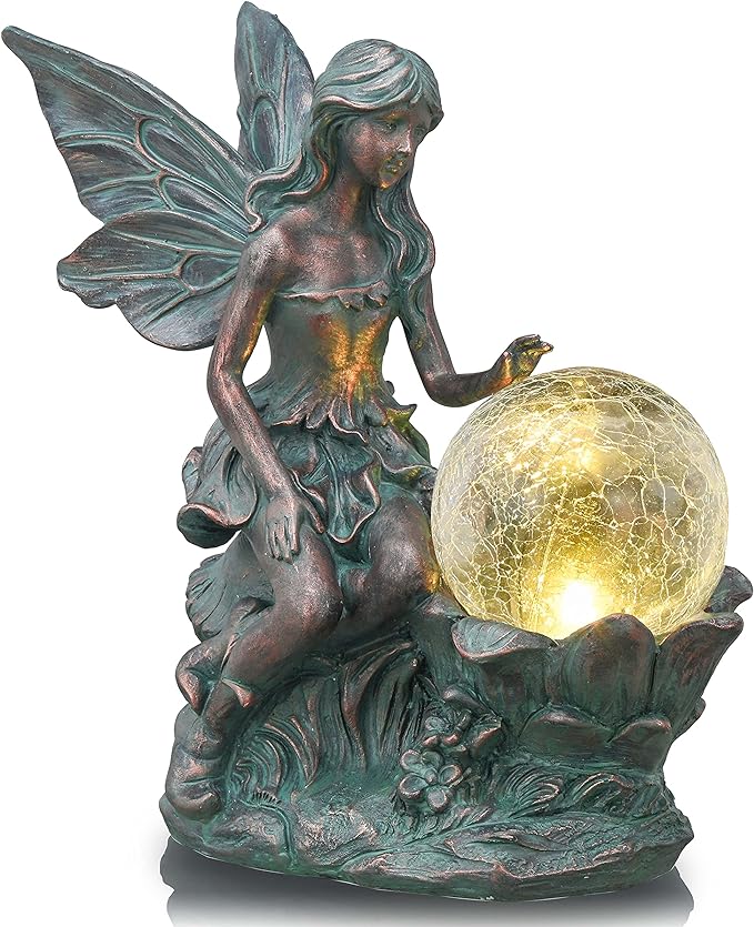 TERESA'S COLLECTIONS Fairy Garden Statues with Solar Outdoor Light for Outdoor Decor, Fairy Valentines Decorations Garden Decor Resin Sculptures with Crackle Glass Globe,Gifts for Mom Yard Decor,11.8"