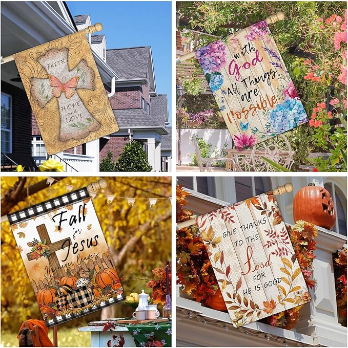 11 Pcs Christian Garden Flag Cross Yard Flags for All Season Christian Welcome Large 28 x 40 Inch Flags Double Sided Print Vertical House Flags Decorations for Home Outdoor Lawn