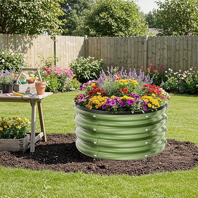 ZXZYHFTY Round Galvanized Raised Garden Bed kit,Green Outdoor Garden Raised Planter Box, Round Large Metal Raised Garden Beds for Vegetable 2 * 2 * 1ft 3 Pcs