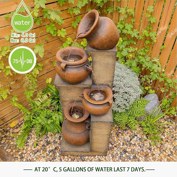 53" H Large Outdoor Water Fountain with Lights - 4 Tiered Cascading Bowls Waterfall Fountain for Garden, Patio, Backyard, Porch Inside - Freestanding Outdoor Water Feature Gold