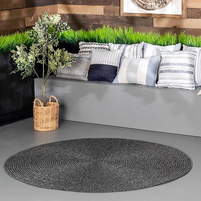 nuLOOM 6' Round Solid Hand Braided Indoor/Outdoor Area Rug, Pet-Friendly, High Traffic, Weather Resistant, for Patio, Balcony, Bedroom, Living, Dining Room, Wynn Charcoal