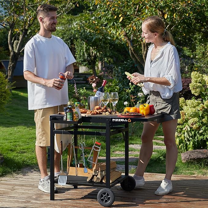 Outdoor Grill Table Cart 35" x 22" Movable Pizza Oven Stand Foldable Double-Shelf Grill Cart Food Prep Trolley Dining Cart Fit for Ooni Ninja Woodfire Blackstone Pizza Oven