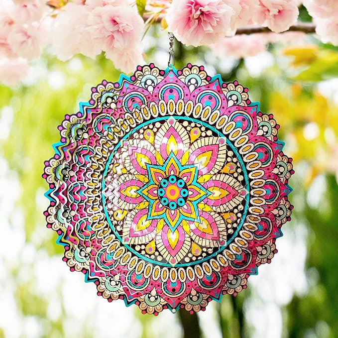 Wind Spinner Blossom Mandala Wind Spinners Outdoor 12inch 3D Stainless Steel Hanging Wind Sculptures Creates Holographic Effect. Kinetic Garden Decoration Yard Art Decor Worth Mandala Gifts