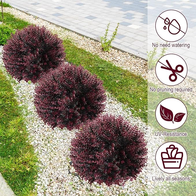 Yunlly 4 Pcs 18 Inch Artificial Boxwood Ball Topiary Tree Fake Outdoor Plants Bush, UV Resistance Faux Shrub with Spike Realistic Greenery Potted for Indoor Garden Yard Porch Patio Decor (Dark Purple)