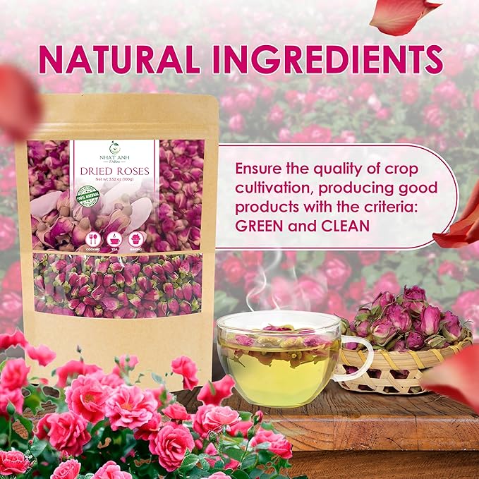 Nhat Anh Farm - Premium Dried Rose Buds - 3.5oz (100g) Dried Rose Buds Natural & Pure, Sugar/Caffeine/Gluten Free - For Making Tea
