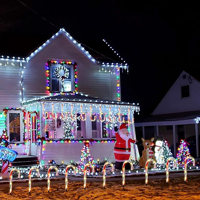 10" Christmas Candy Cane Lights - Set of 10 Pathway Markers Christmas Outdoor Yard Decorations, Xmas Candy Canes Stake Lights for Lawn Walkway Garden, Xmas Party Indoor Ornaments