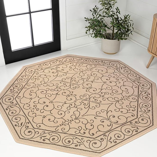 JONATHAN Y SMB106A-8TGN Charleston Vintage Filigree Textured Weave Beige/Brown 8' Octagon Indoor/Outdoor Area Rug, Non-Shedding, Stain Resistant,Fade Resistant, Easy-Cleaning for Backyard Patio, Porch