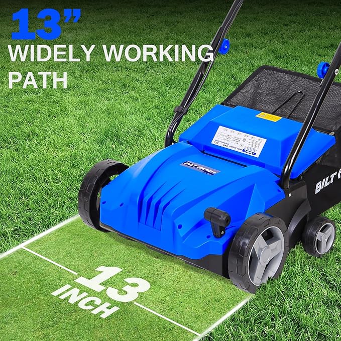 BILT HARD Dethatcher Scarifier Electric Powered, 12 Amp Copper Motor 13 inch Raking Width, 8 gal Thatch Bag, 2 in 1 Walk Behind Thatch Removing Machine for Lawn