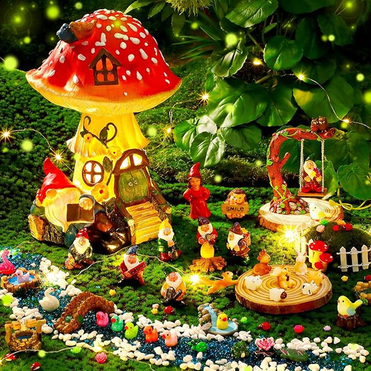 HyDren 100 Sets Garden Gnome Statue Set Mushroom House Solar Light Gnome Miniatures Figures Decor Fairy Resin Statues Garden Accessories for Yard Patio Lawn Outdoor Micro Landscape Ornaments