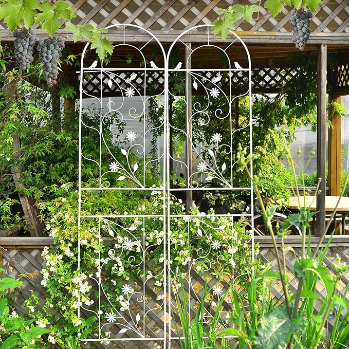 Sungmor Metal Trellises for Climbing Plants, Overall 20 Inch Width & 82.5 Inch Tall, 2PC White Pack, Decorative Retro Style Trellis Fence Panels, Garden Plant Support, Flower Rose Climbing Rack