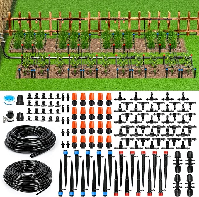 MIXC 226FT Greenhouse Micro Drip Irrigation Kit, Automatic Patio Plant Watering System with 1/4" & 1/2" Tubing, Adjustable Nozzles, Emitters, & Barbed Fittings for Efficient Irrigation