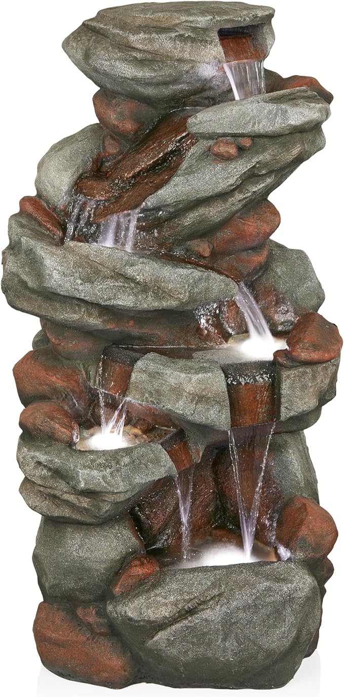 Alpine Corporation WIN1548 Outdoor Floor Cascading Stone Fountain with LED Lights, Tiered Garden Water Fountain, 53" H, Gray
