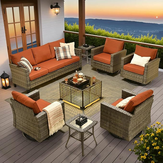 ovios 8 Pieces Patio Furniture Set with Swivel Chairs Rocking Gliders, Outdoor Sofa Couch with Solar Lights Table Comfy Cushions, Modern Deep Seat Wicker Rattan Conversation Set, Orange Red
