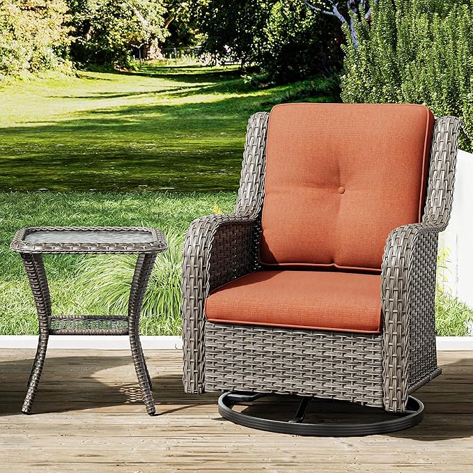 Joyside Outdoor Swivel Rocker Patio Chair and Matching Side Table - 2-Piece Wicker Patio Bistro Set with Premium Fabric Cushions (Brown Mixed with Grey/Orange)