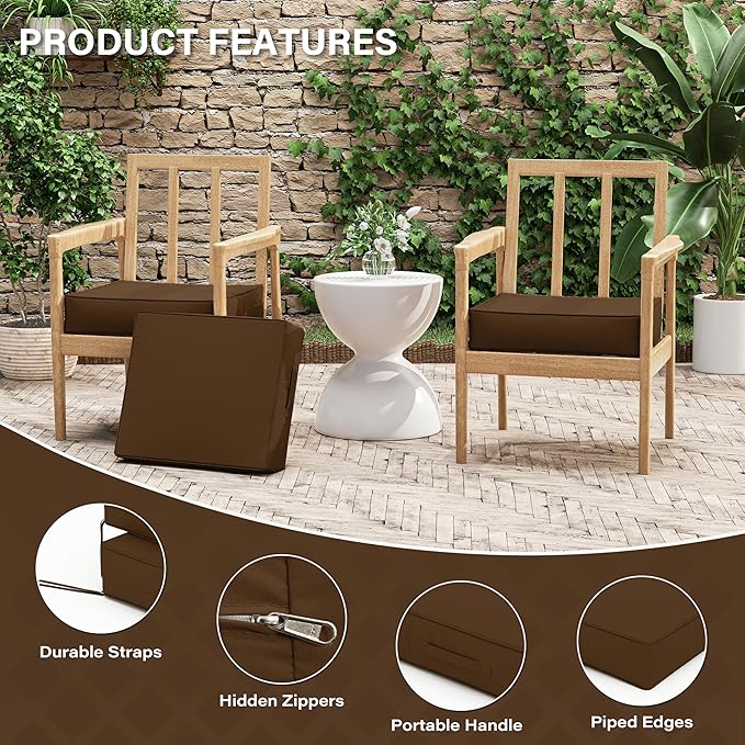 Patio Chair Cushions 18.5 X 16 X 4 Inch Waterproof Outdoor Seat Cushions for Patio Furniture, Outdoor Sofa Couch Pads with Ties & Handle, Set of 2, Chocolate