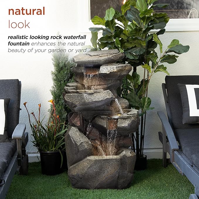Alpine Corporation WIN1184 40" 3-Tier Outdoor Rock Waterfall Floor Fountain with Color-Changing LED Lights, Cascading Water Feature for Gardens, Patios, and Yards, Gray