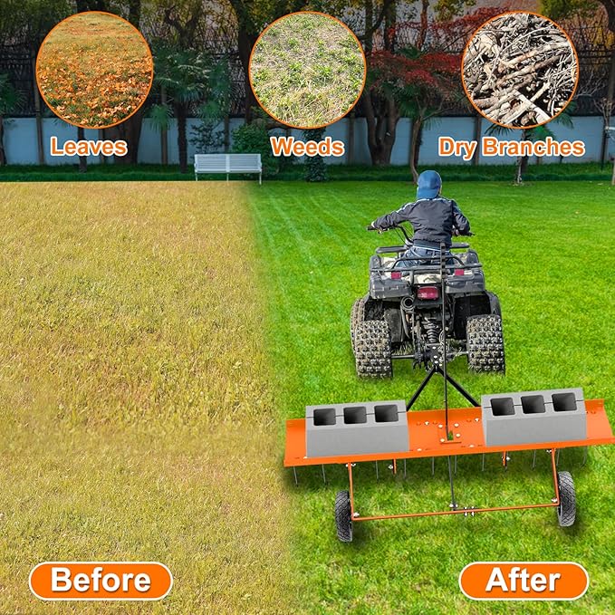 48inch Tow Behind Dethatcher with 24 Spring Steel Tines, Lawn Tractor Rakes with Lift Handle, Tow Behind Rake to Remove Thatch, Riding Lawn Mower Attachments for Outdoor Yard Tools Lawn Care