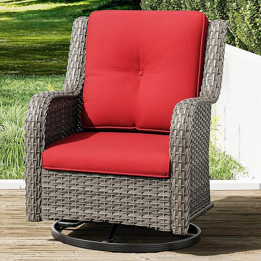 Joyside Outdoor Swivel Rocker Patio Chair - Outdoor Wicker Glider Rocking Chair with Olefin Fabric Cushions Suitable for Porch Deck and Backyard(Mixed Grey/Red)