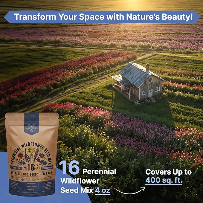 Organo Republic 16 Perennial Wildflower Seeds Mix for Indoor & Outdoors. 100,000+ Non-GMO, Heirloom Wildflower Garden Seeds, 4oz Packet for Growing Wild Flowers to Attract Bees, Butterflies & Birds