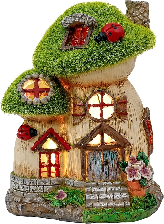 TERESA'S COLLECTIONS Mushroom Garden Statues with Outdoor Solar Light, Green Flocked Christmas Decorations for Home, Resin Fairy House Accessories Outdoor Decor Yard Thanksgiving Gifts for Mom, 7.7“