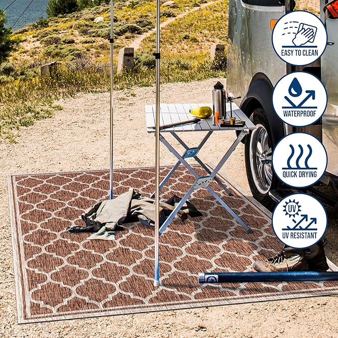 Eyely BMS109B-4R Santa Monica Trebol Moroccan Trellis Textured Weave, Pet Friendly, Non-Shedding, Stain Resistant, Easy-Cleaning, Espresso/Taupe, 4' Round, Indoor/Outdoor, Area Rug