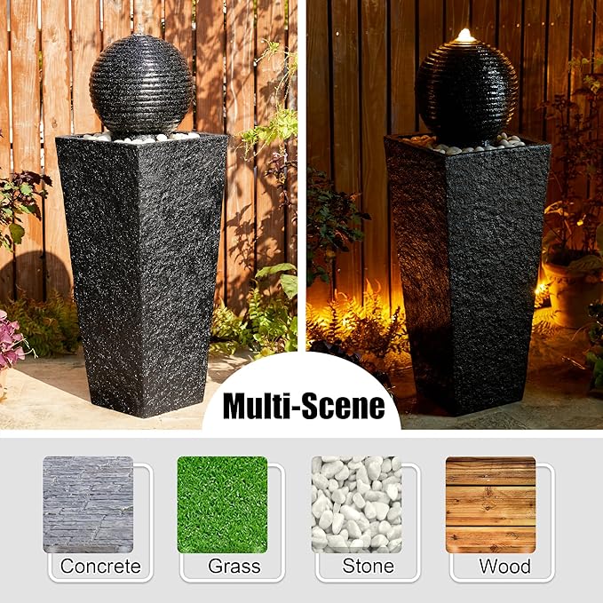 Glitzhome Outdoor Water Fountain with LED Light, Oversized Decorative Black Pedestal Water Fountains with Submersible Pump, Modern Sphere Floor Fountain with Pebbles for Garden Patio Decor, 40.75”H