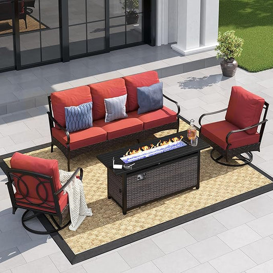 Patio Furniture Set with 56" Fire Pit Table, Premium Outdoor Wicker Metal Frame Furniture with Upgraded Waterproof Thick Cushions for Porch, Poolside, Deck, and Yard （4 Pieces,Red