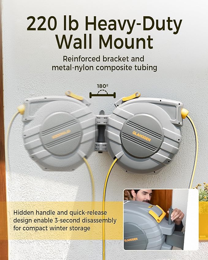Retractable Garden Hose Reel 5/8 in x 65 ft, 2025 Upgraded Dual Ratchet Lock UV & Freeze Protection Brass Seal Slow Retraction Anti-Tangle Hose 180°Swivel Reinforced Scaffold Wall Mount