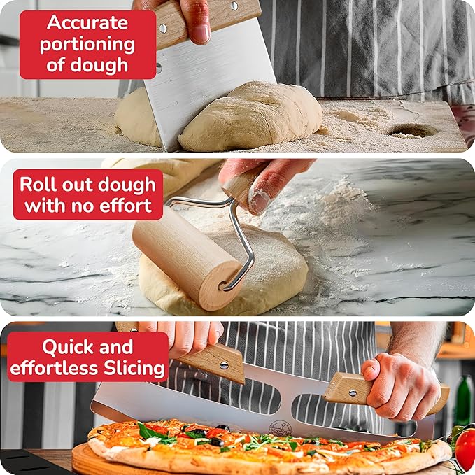 Premium Pizza Oven Accessories Kit - 6-Piece Set for Home Pizza Making: Includes Pizza Peel, Oven Brush, Bubble Popper Turner, Rocker Cutter, Dough Roller & Scraper