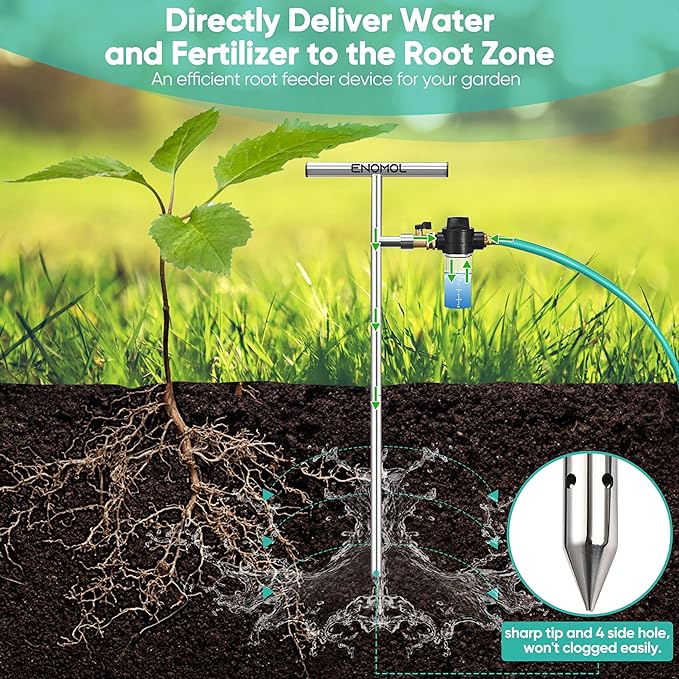 Stainless Steel Deep Root Tree Watering Tool,Root Feeder with Fertilizer Bottle Watering Wand Irrigation System Watering Stake,for Trees Bushes Shrubs Fruit Trees with Brass Valve T-Handle