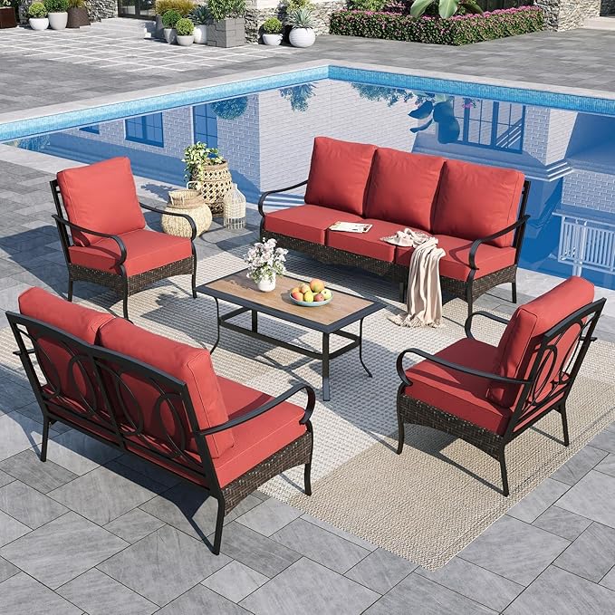 Sophia & William Patio Furniture Set, 5 Piece Metal Outdoor Conversation Set with 3-Seater Outdoor Couch, 2 Sofa Chairs, 1 Loveseat,1 Coffee Table for Outdoor Seating, Backyard, Porch(Red)
