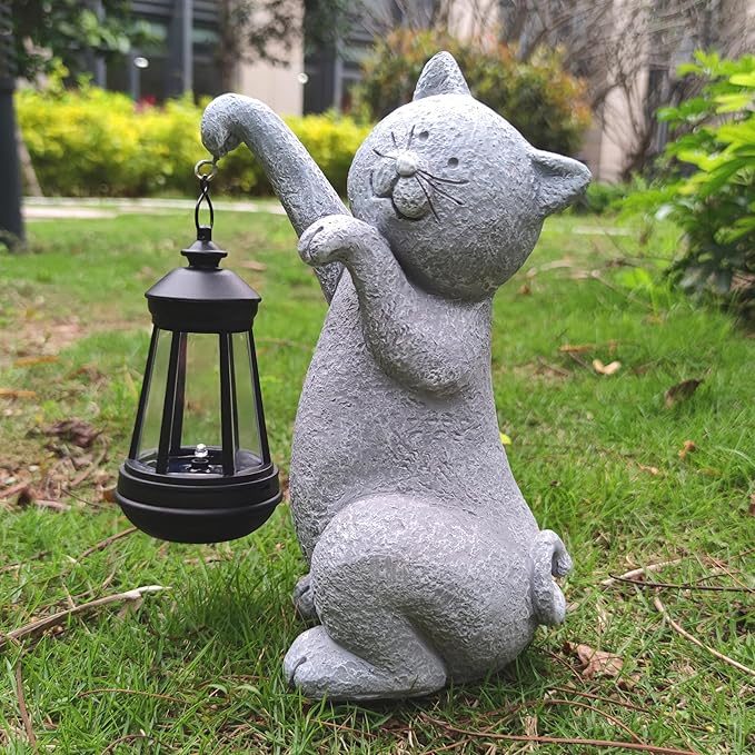 Cat Solar Garden Statues,Resin Cat Figurine Decorations with Solar Lights Lantern, Outdoor，Statue Decor Art for Lawn,Yard,Unique Housewarming Gift for Garden Home