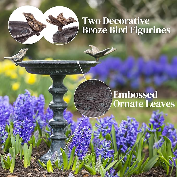 Evergreen Hummingbird Metal Bird Bath Bowl with Stand - Heavy Duty, Ground Standing Bird Bath and Feeder for Garden, Yard, Deck
