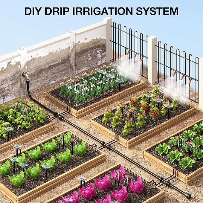 MIXC 226FT Greenhouse Micro Drip Irrigation Kit, Automatic Patio Plant Watering System with 1/4" & 1/2" Tubing, Adjustable Nozzles, Emitters, & Barbed Fittings for Efficient Irrigation