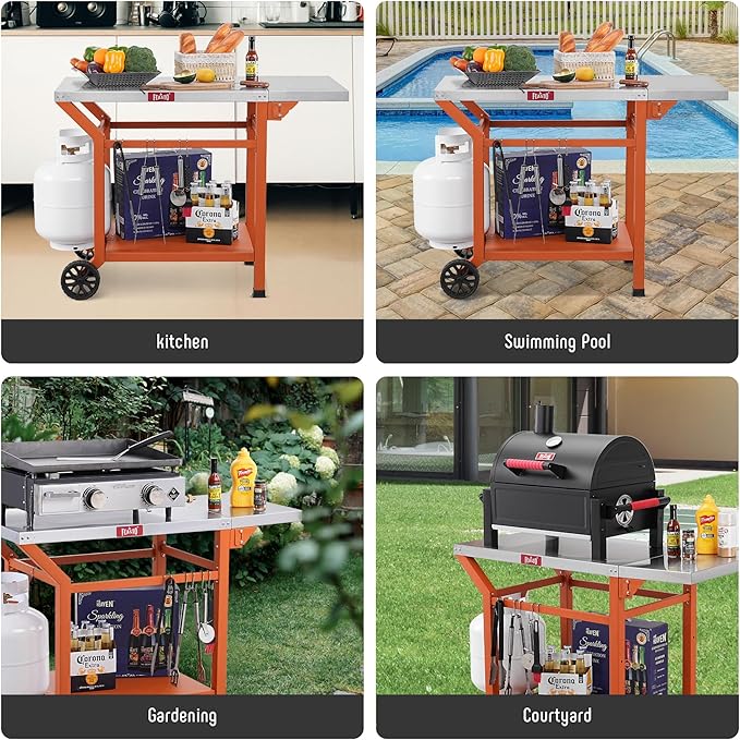Outdoor Grill Table, 40’’x20’’ Movable Pizza Oven Stand for Outdoor BBQ Food Prep, Stainless Steel Countertop Grill Cart with Storage Shelf & Foldable Extension Table, 6 Extra Hooks