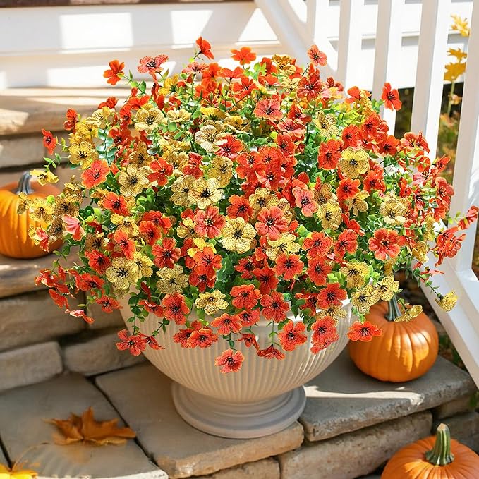 Artificial Fall Flowers Faux Mums for Outdoor Indoor Garden Home Decoration, Faux Flower Daisy with Eucalyptus Leaves Fake Mums Plants Greenery Boxwood Porch Patio, 12 Bundles (OrangeYellow)