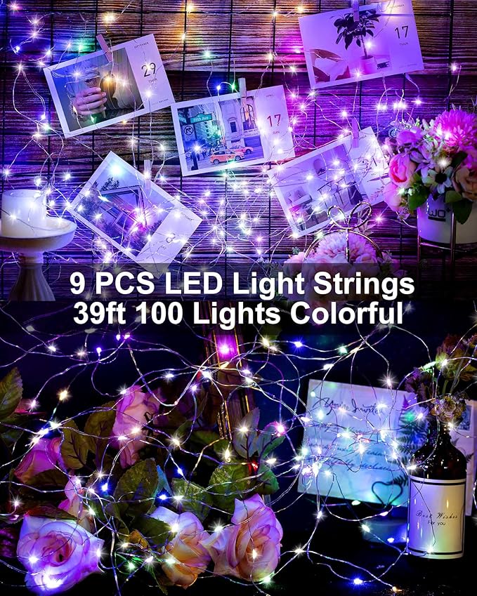 Treela 9 Pack Solar String Lights for Outside, 39 ft 100 LED Outdoor Fairy Lights Waterproof Copper Wire 8 Modes Solar Twinkle Lights for Patio Garden Tree Yard Party Decor(Colorful)