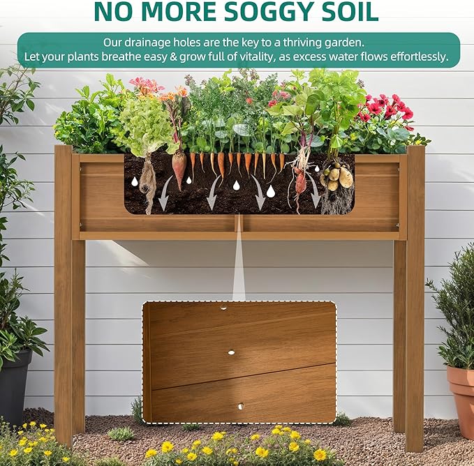 YITAHOME Raised Garden Bed, HIPS Poly Wood Elevated Planter Box with Legs and Drainage Hole, Small Flower Box Stand for Patio Balcony Garden Backyard, Teak