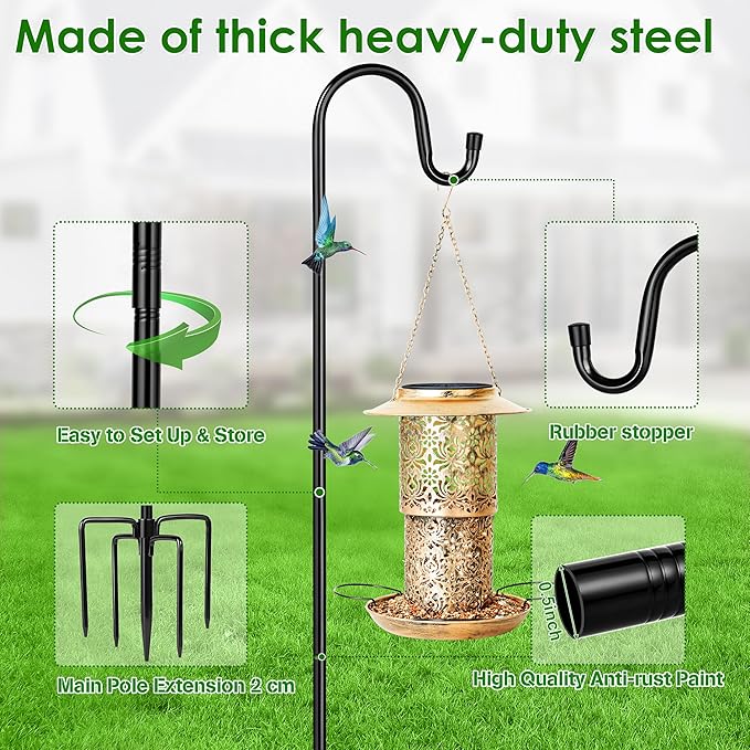 XDW-GIFTS Bird Feeder Pole for Outdoor, 45 Inch Shepherds Hooks Heavy Duty Garden Pole for Hanging Plant Basket, Solar Light Lanterns, Garden Plant Hanger Stands with 5 Base Prongs