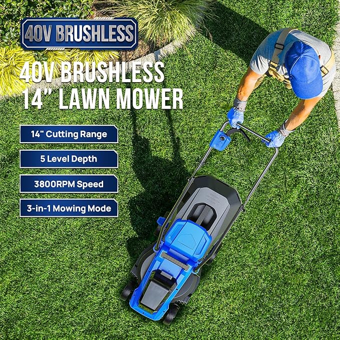 Wild Badger Power Electric Lawn Mower 40V Brushless 14" Cordless&Push, 5 Cutting Height Adjustment, 4Ah Battery and Super Charger, Blue