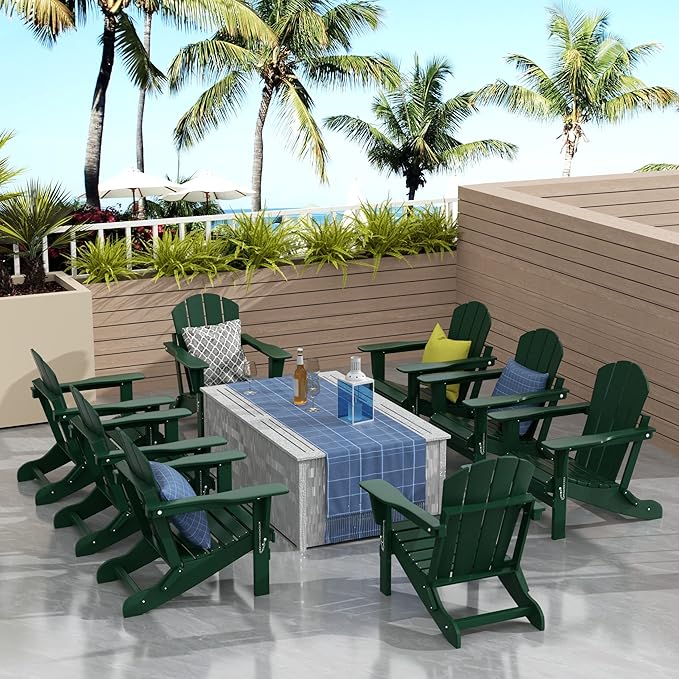 Westin Outdoors Laguna WO Outdoor Adirondack Folding Patio Chairs 8 PCS Set Retro Beach Aesthetic for Backyard, Lawn, Patio, Deck, Garden, Weather Resistant Polyethylene Plastic Lounger (Dark Green)